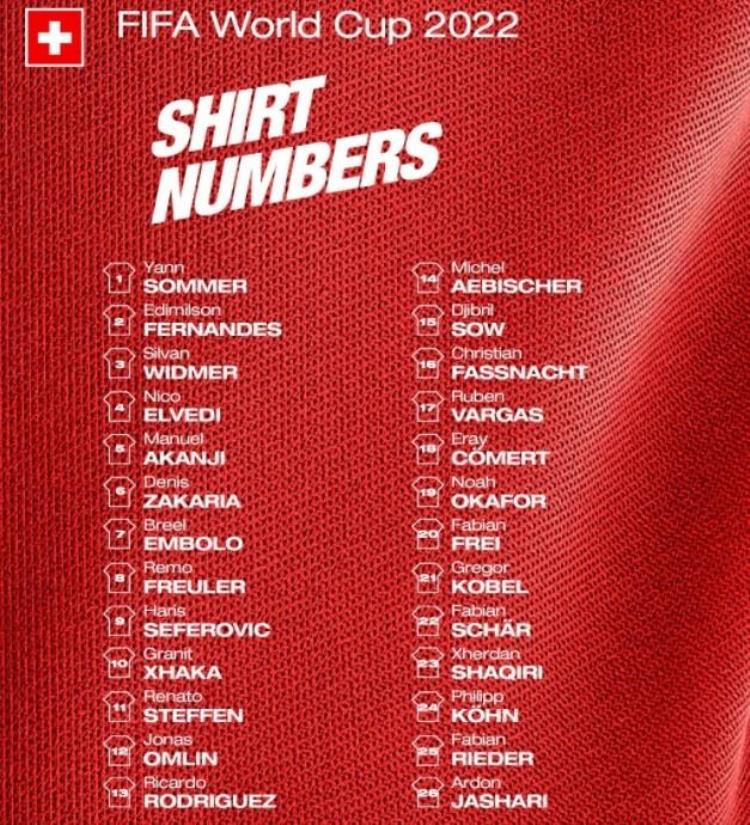 瑞士国家队球服「瑞士国家队球衣号码分配索默1号阿坎吉5号扎卡10号」