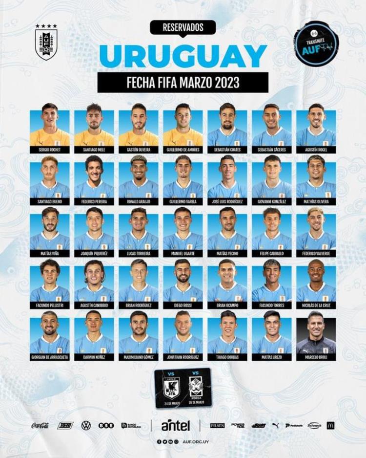 乌拉圭国家队队员「乌拉圭公布新一期国家队大名单努涅斯阿劳霍在内苏牙未入选」